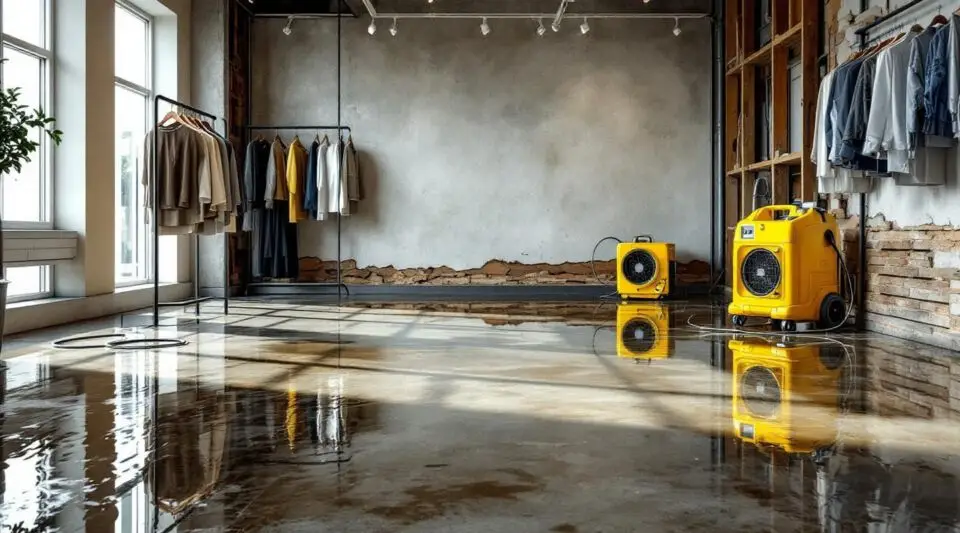 Restoration crew using industrial water extractors and moisture sensors in a flooded Long Beach retail store.