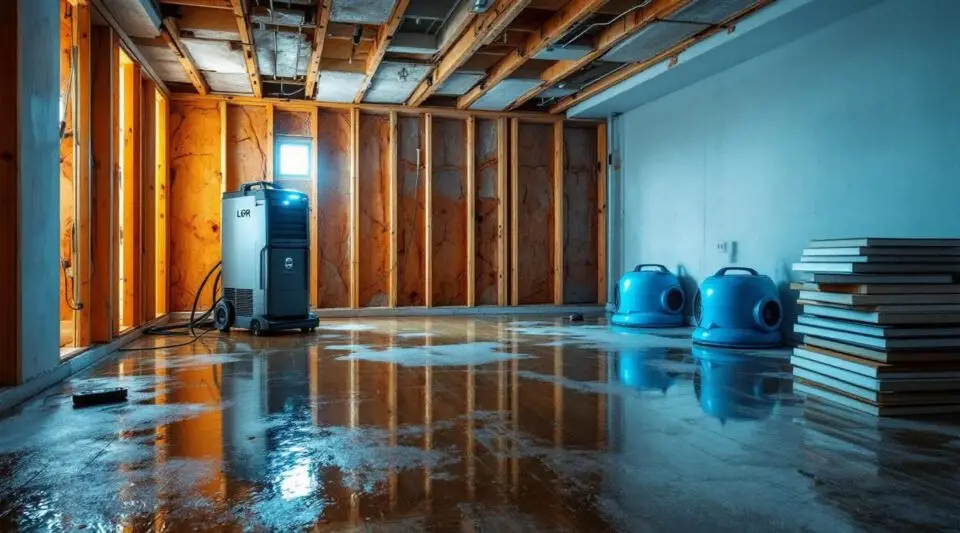 Restoration professional using a high-capacity water extractor on a flooded residential floor in a Long Beach home.