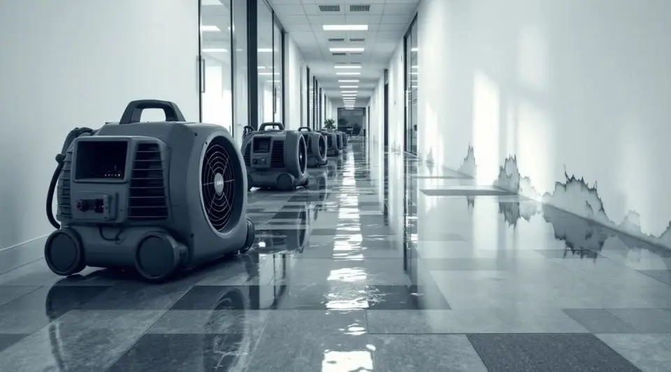 Restoration technicians operating industrial water extractors in a flooded Long Beach commercial office suite.