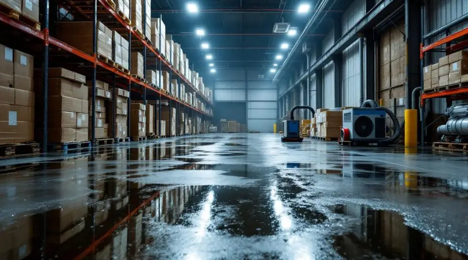 Professional restoration crew using industrial water extractors and desiccant dryers in a large Long Beach warehouse.