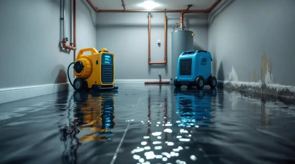 Immediate Restoration technicians using industrial water extractors and air movers in a Long Beach home.